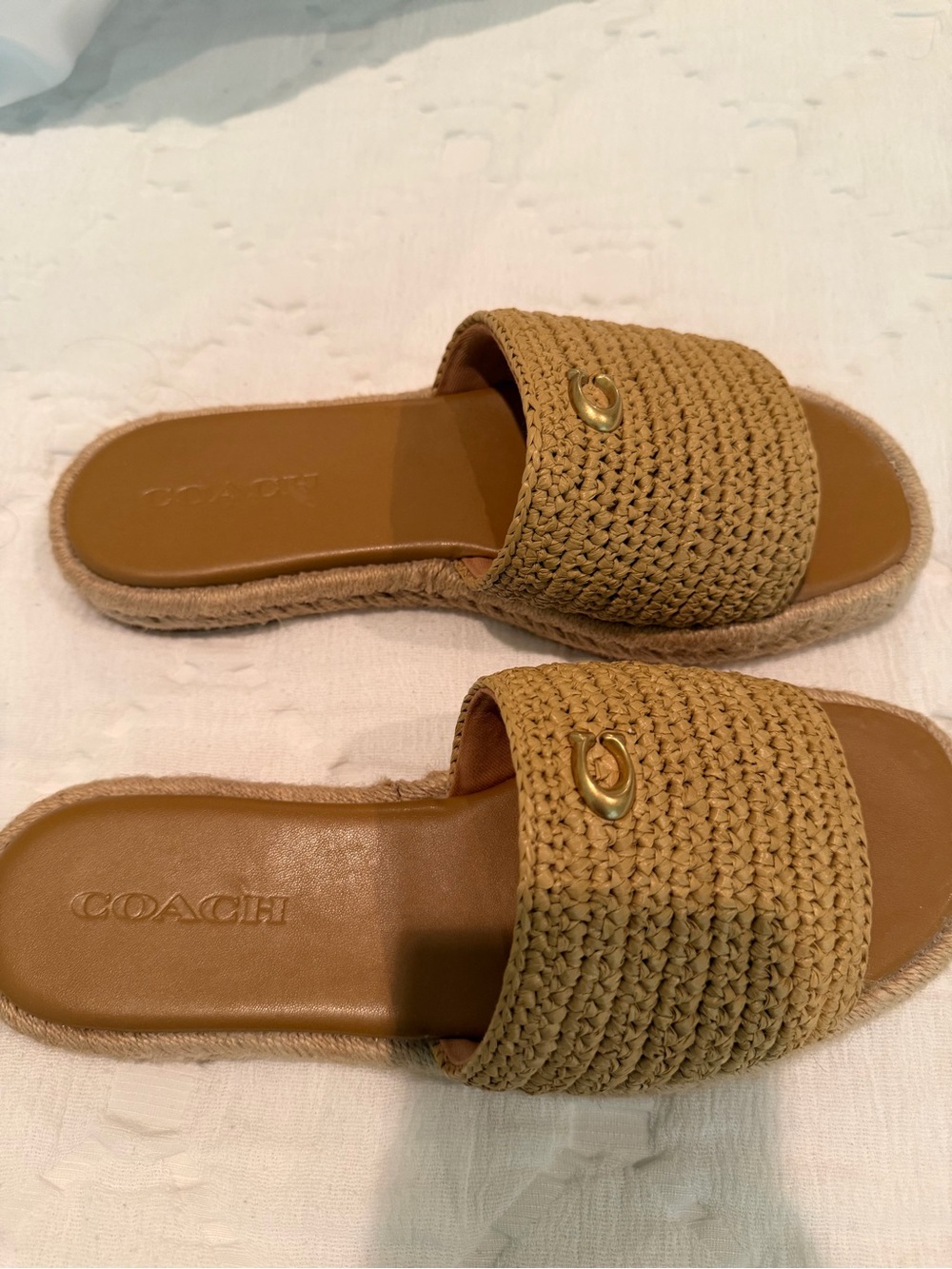 COACH Tan Raffia Slide Sandals with Gold Logo